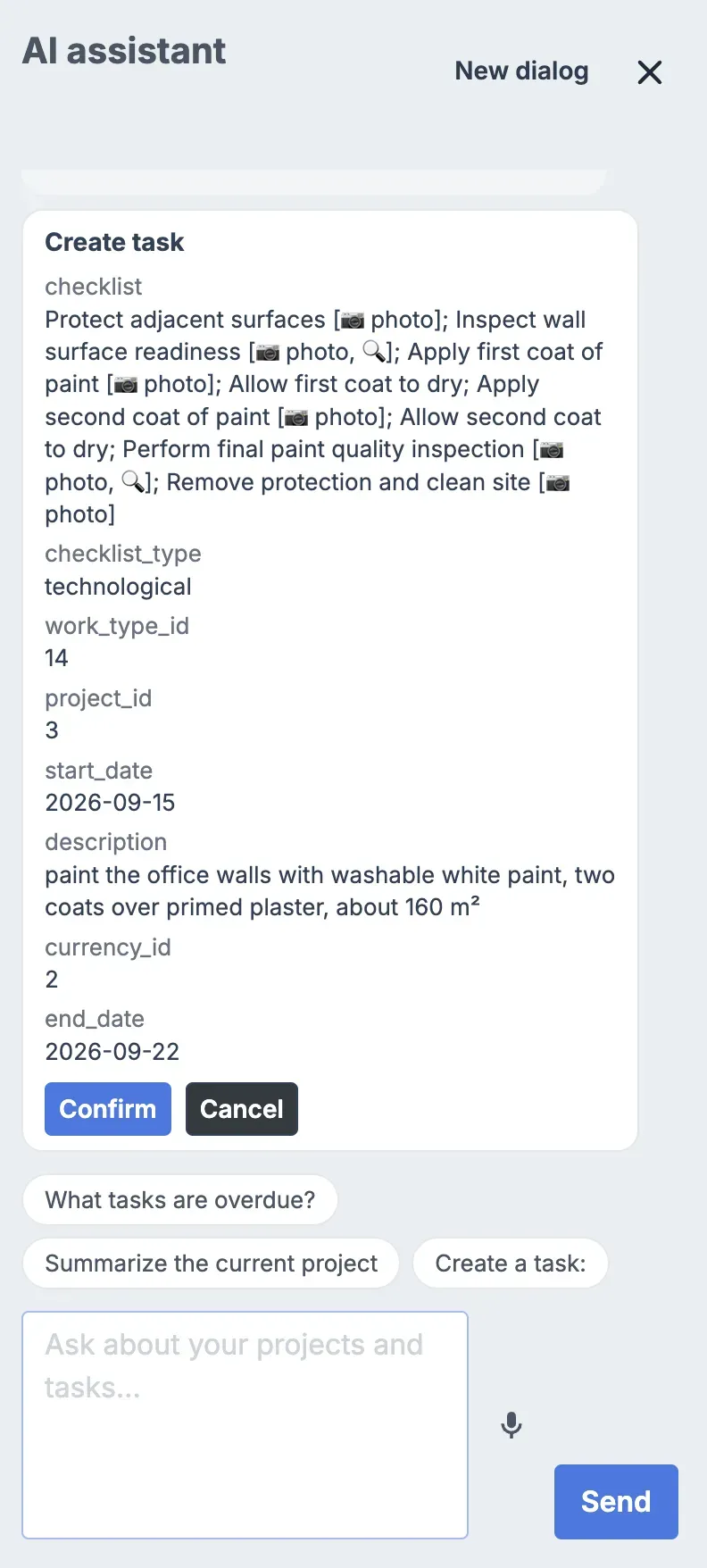 AI assistant — draft with confirmation